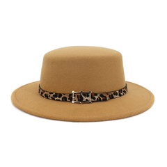 Flat Head Fedora Hat with Animal Print Belt